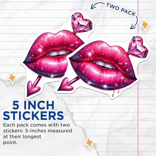 (2 Pack) Lip Stickers - Heart Lipstick Stickers - Romantic Lip Art Stickers - 5" On Longest Side - Sticks to Any Smooth Flat Surface - Made in USA - BMCS3388