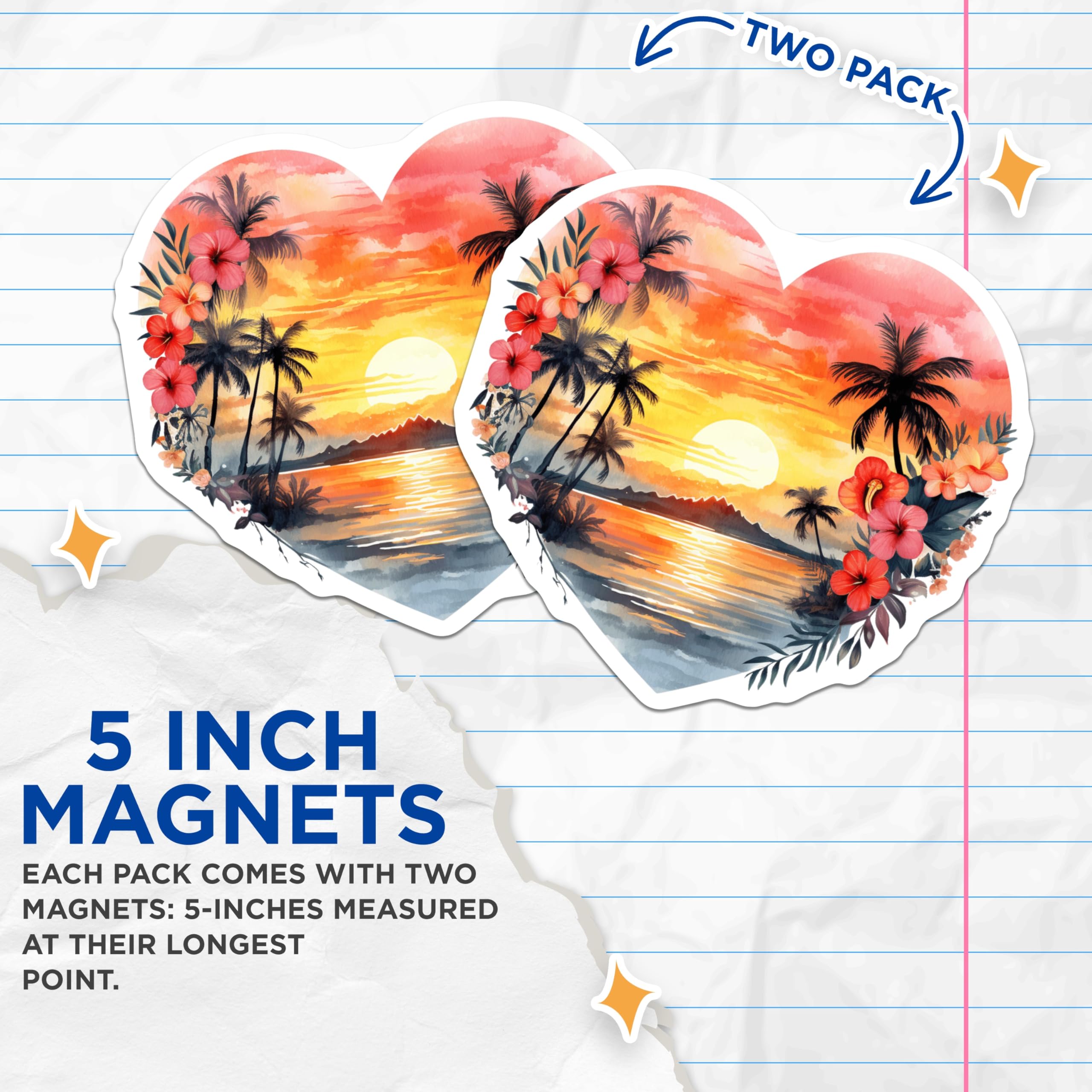 (2 Pack) Tropical Sunset Magnets - Heart Shaped Beach Scene - Palm Trees Ocean View Decor - Hibiscus Hawaiian Island Art - 5 Inches On Longest Side - Thick Durable Magnet - Made in USA - MAG22547