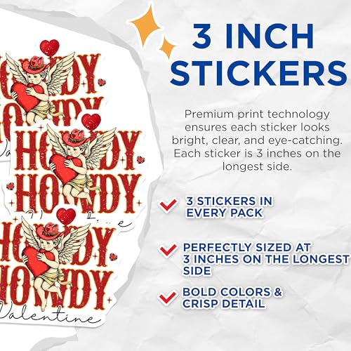 (3 Pack) Valentines Decals - Howdy Valentine - Cowboy Angel Decals - 3 Inches On Longest Side - Easy Peel & Apply - Made in USA - 3MCS2273
