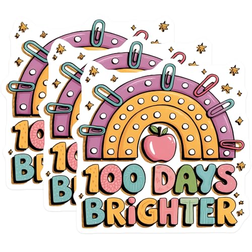 (3 Pack) 100 Days Brighter Decals - Teacher Decals - School Decal - 3 Inches On Longest Side - Easy Peel & Apply - Made in USA - 3MCS1844