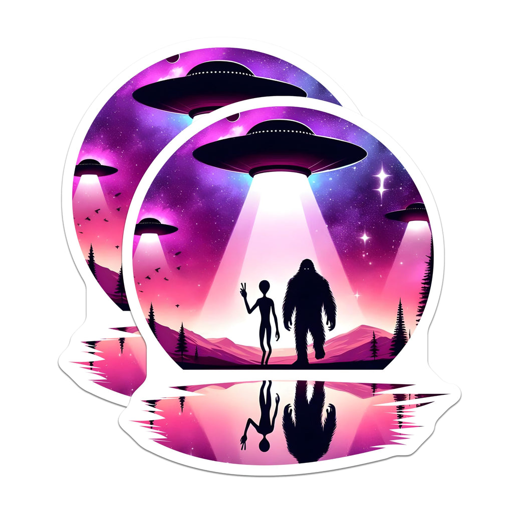 (2 Pack) Alien Bigfoot Magnets - UFO Extraterrestrial Space Abduction Art - Cryptid Cosmic Encounter Decor - 5 Inches On Longest Side - Thick Durable Magnet - Made in USA - MAG22954