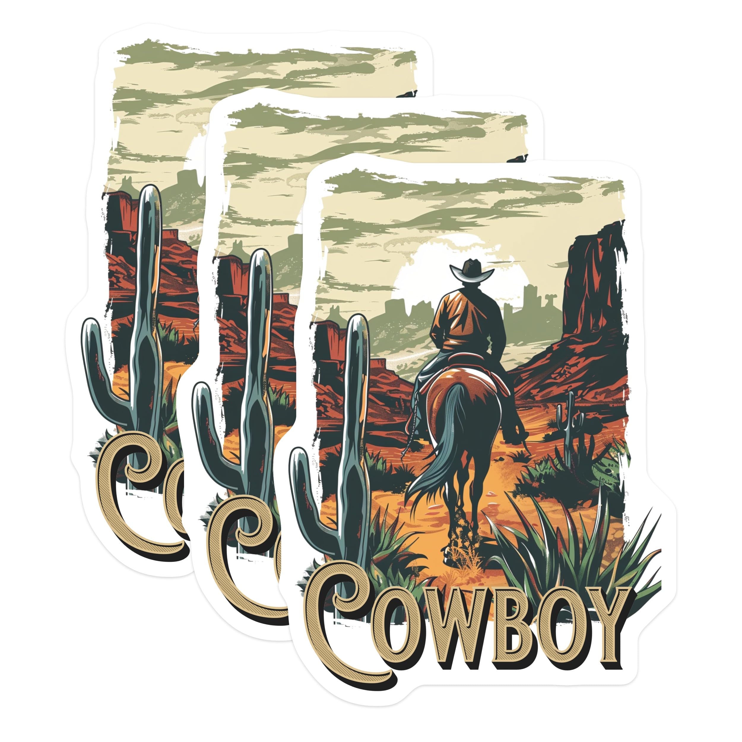 (3 Pack) Cowboy Riding Horse Decals - Western Decals - Desert Landscape - 3 Inches On Longest Side - Easy Peel & Apply - Made in USA - 3MCS2260