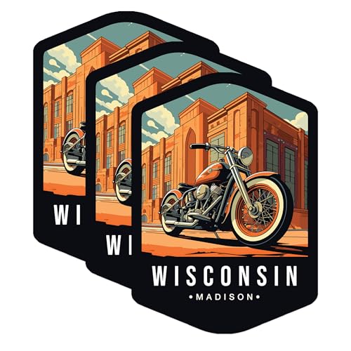 (3 Pack) Wisconsin Motorcycle Decals - Madison Bike Art - Vintage Motorbike Stickers - 3 Inches On Longest Side - Easy Peel & Apply - Made in USA - 3MCS0390