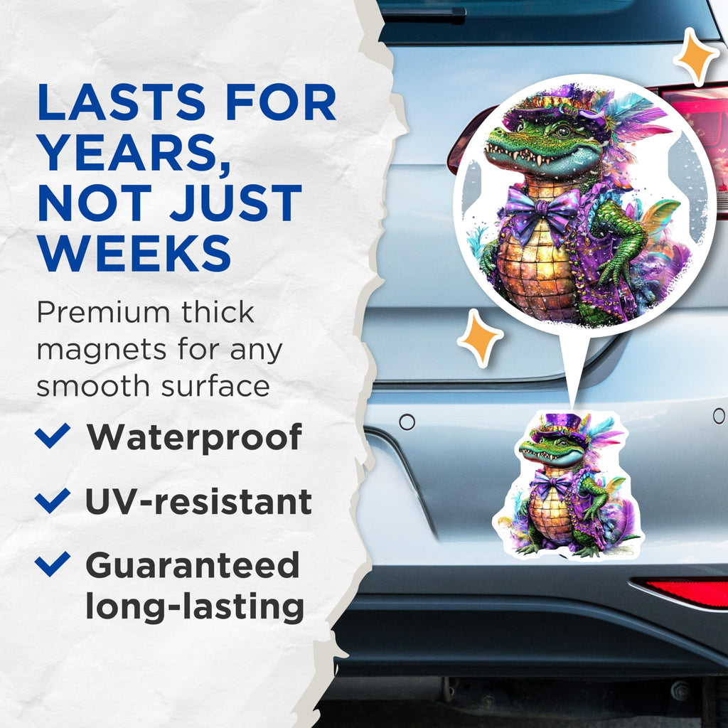(2 Pack) Alligator Magnets - Mardi Gras Decor - Festive Fridge Magnets - 5" On Longest Side - Premium Magnet - for Cars, Refrigerators, Toolboxes, Lockers - Made in USA - MAG15443