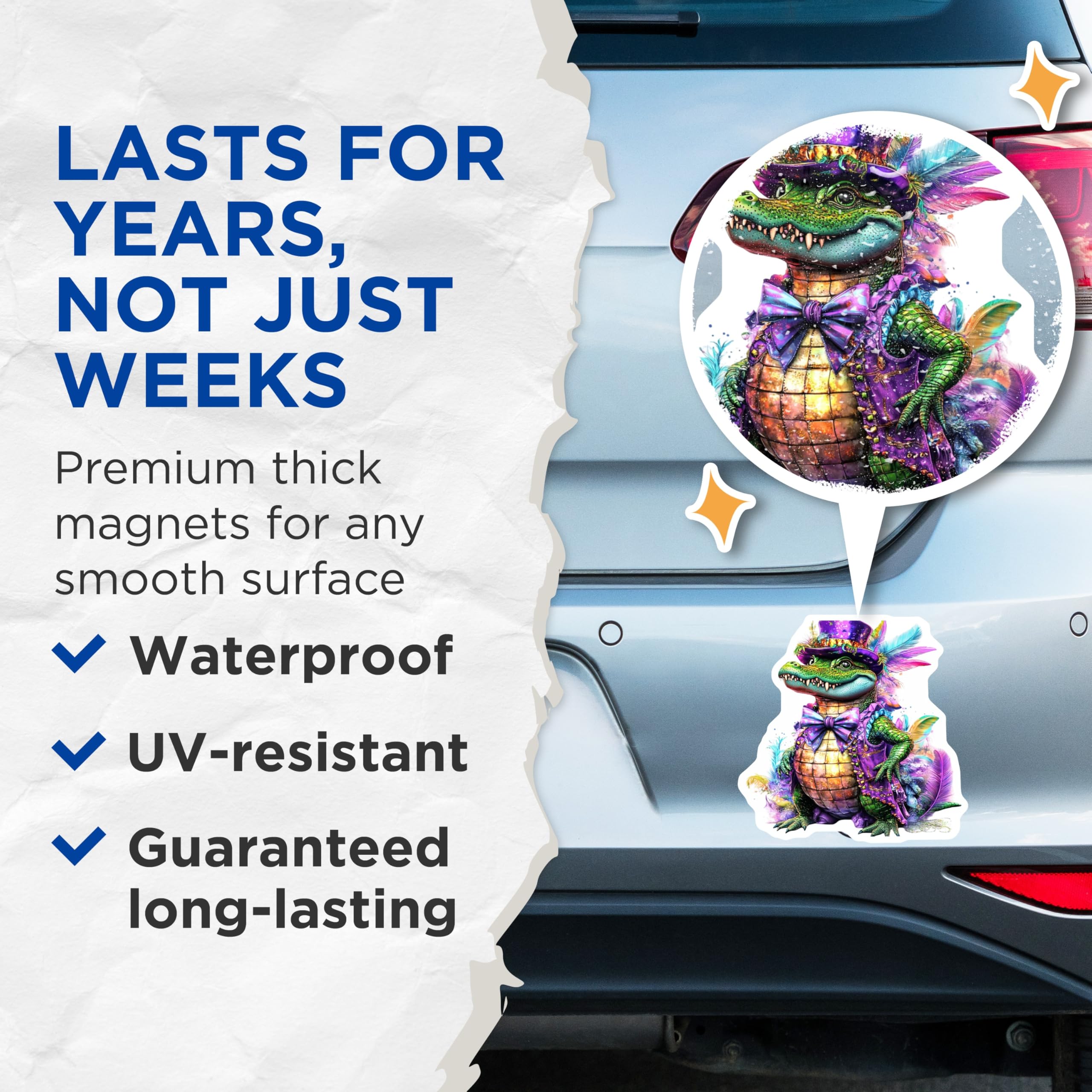 (2 Pack) Alligator Magnets - Mardi Gras Decor - Festive Fridge Magnets - 5" On Longest Side - Premium Magnet - for Cars, Refrigerators, Toolboxes, Lockers - Made in USA - MAG15443
