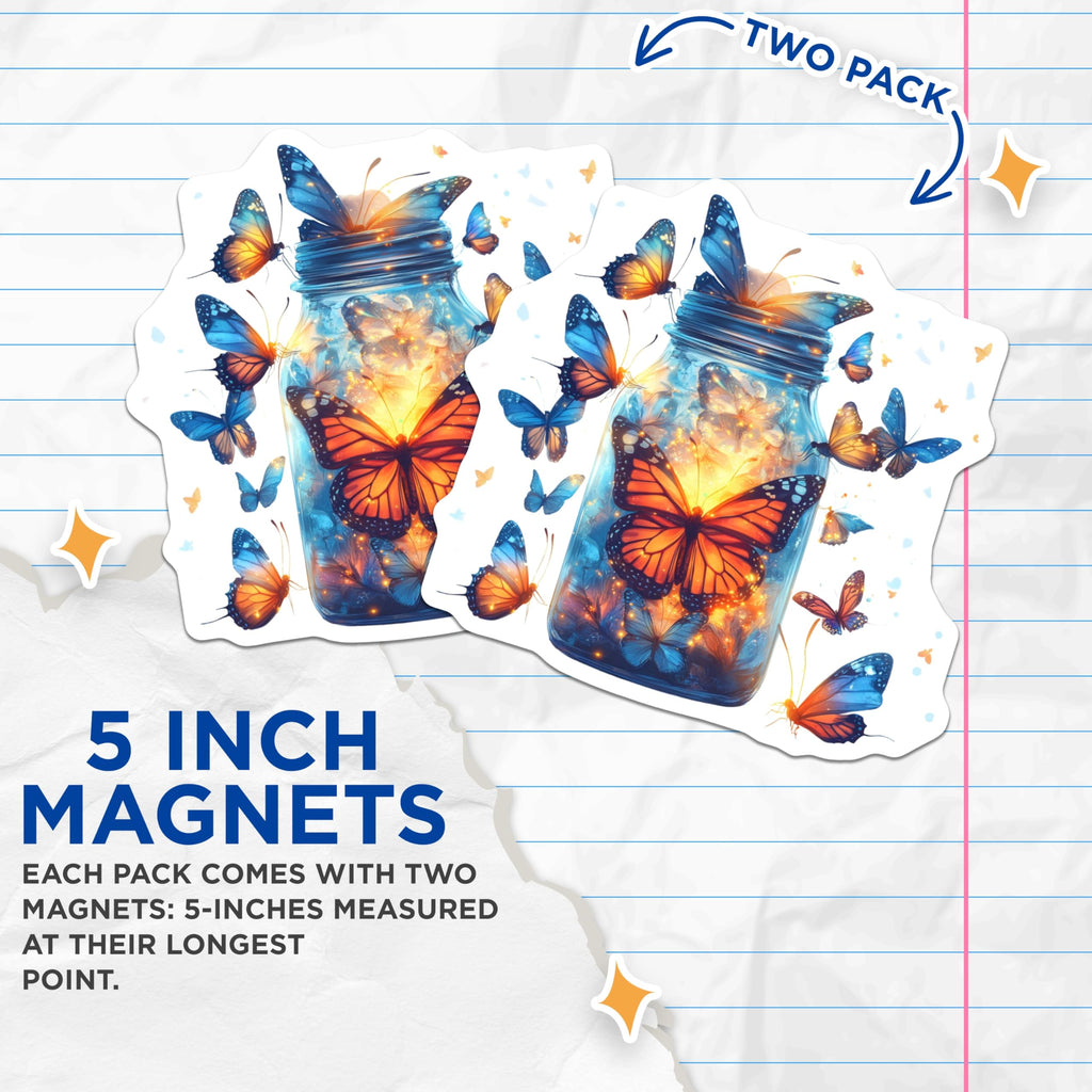 (2 Pack) Glowing Butterfly Jar Magnets - Whimsical Nature Decor - Fairycore Aesthetic - 5 Inches On Longest Side - Thick Durable Magnet - Made in USA - MAG29165