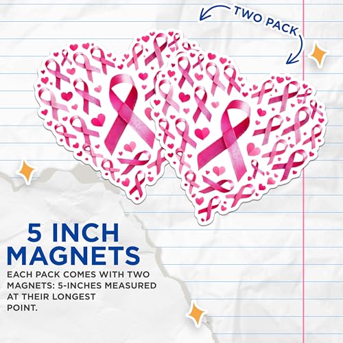 (2 Pack) Awareness Ribbon Heart Magnets - Breast Cancer Support Magnets - Pink Ribbon Magnets- 5" On Longest Side - for Fridges, Toolboxes, Cars - Made in USA - MAG2869