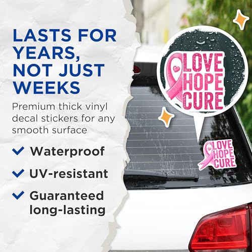 (2 Pack) Love Hope Cure Stickers - Pink Ribbon Decal - Awareness Campaign Stickers - 5" On Longest Side - Sticks to Smooth Flat Surfaces - Made in USA - BMCS5797