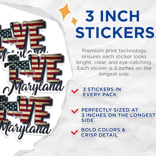 (3 Pack) Maryland Decals - Patriotic State Pride - Laptop Decals - 3 Inches On Longest Side - Easy Peel & Apply - Made in USA - 3MCS0311