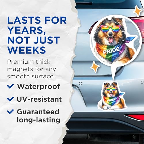 (2 Pack) Pride Dog Magnets - Rainbow Dog - Cute Dog Sunglasses Art Magnet - Colorful Dog Accessories - 5" On Longest Side - for Cars, Fridges, Toolboxes - Made in USA - MAG6980