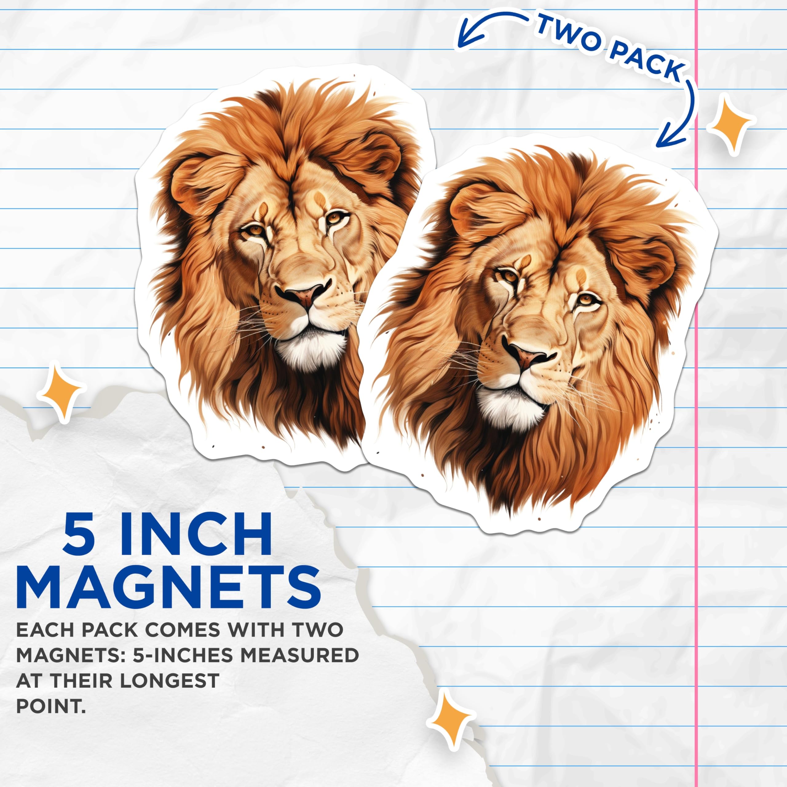 (2 Pack) Lion Head Magnets - Animal Lover Decor - Safari Jungle Theme Gift - 5" On Longest Side - Premium Magnet - for Cars, Refrigerators, Toolboxes, Lockers - Made in USA - MAG14314