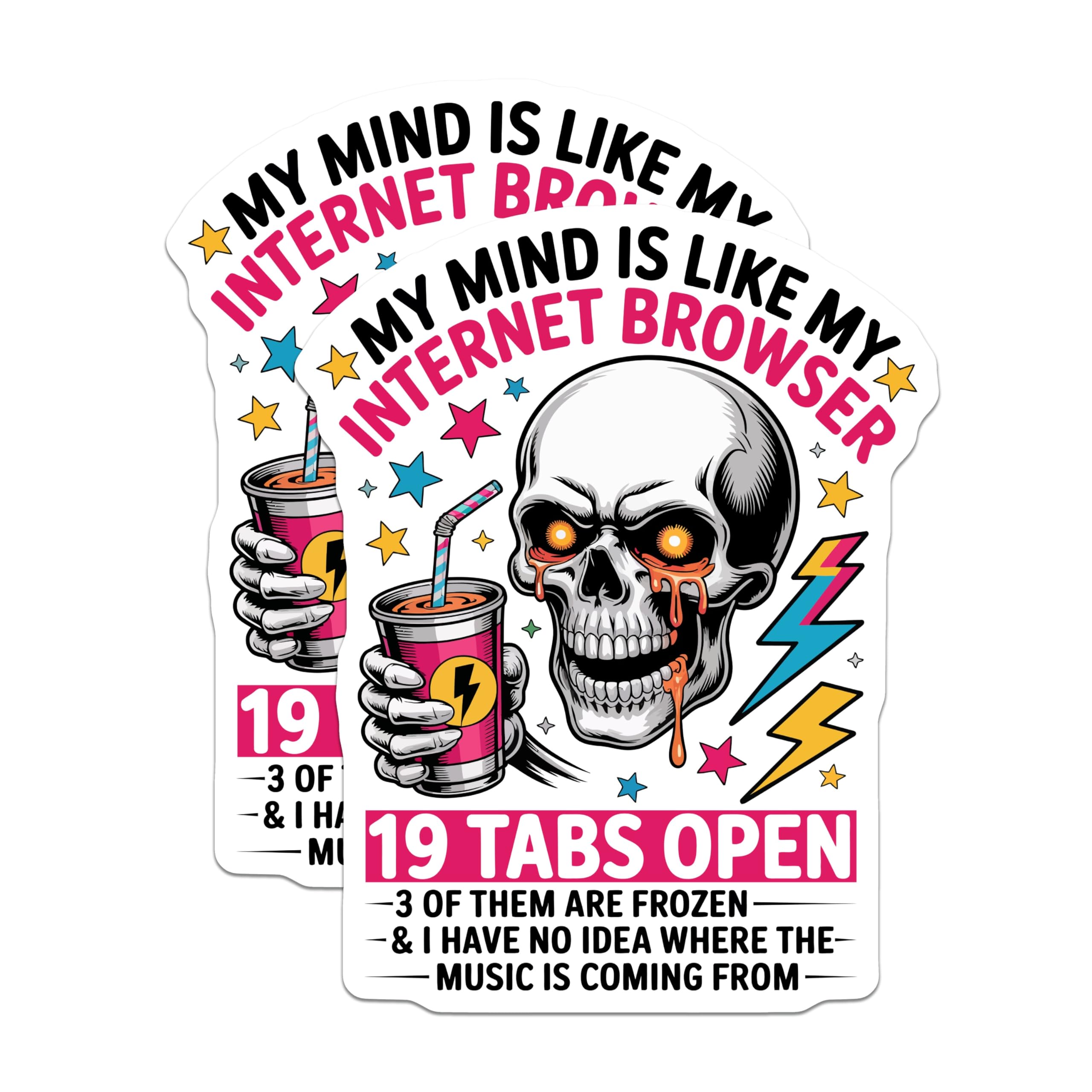 (2 Pack) Funny Internet Browser Magnets - Skull Tabs Open Meme - Tech Humor Relatable Mind Magnet - 5 Inches On Longest Side - Thick Durable Magnet - Made in USA - MAG22069