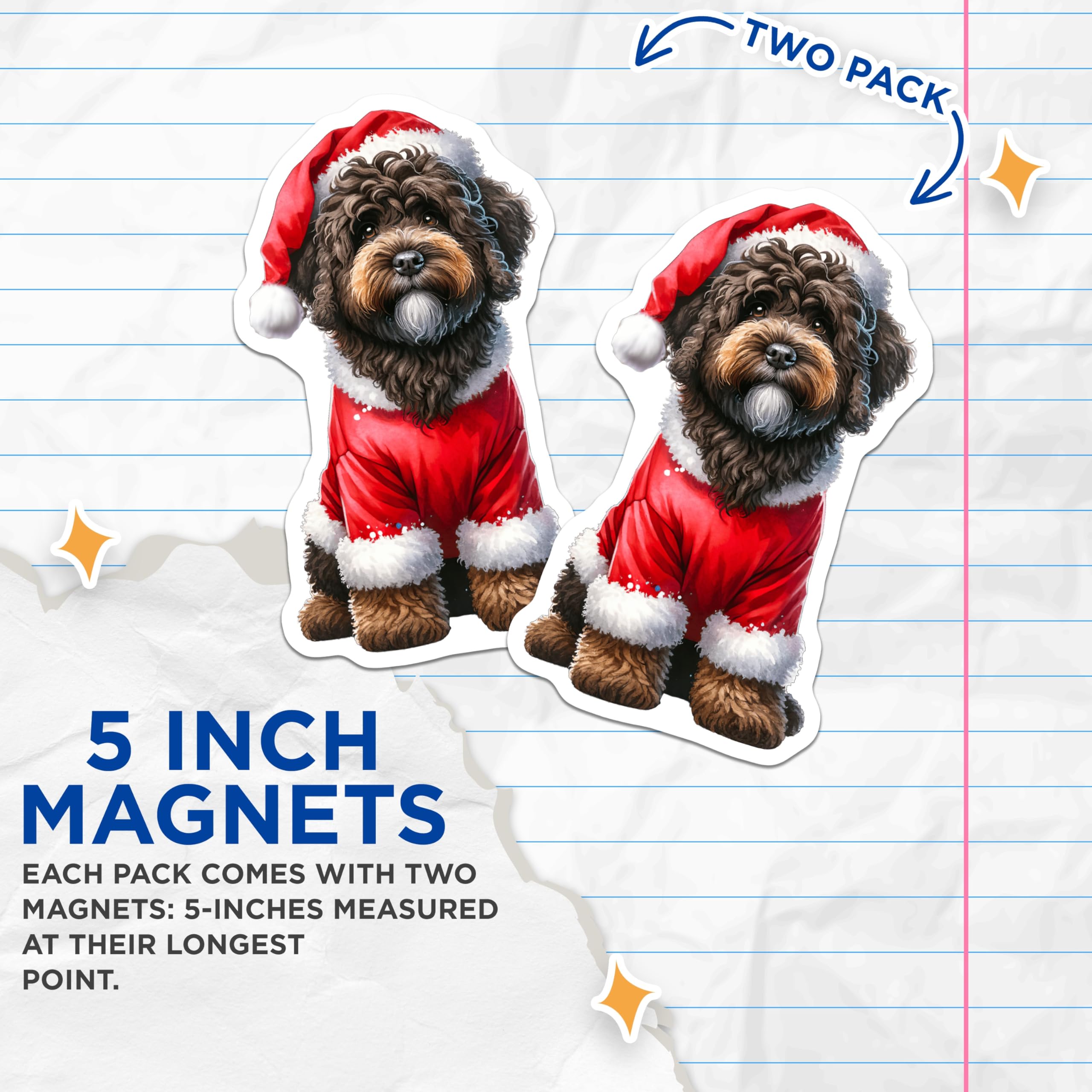 (2 Pack) Christmas Dog Magnets - Santa Dog Decor - Goldendoodle Puppy Holiday Fridge Decor - 5 Inches On Longest Side - Thick Durable Magnet - Made in USA - MAG28942