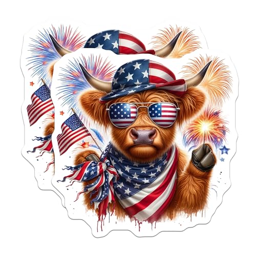 (2 Pack) Patriotic Cow Stickers - American Flag - 4th of July Celebration - Animal Lover - 5" On Longest Side - Sticks to Smooth Flat Surfaces - Made in USA - BMCS6339