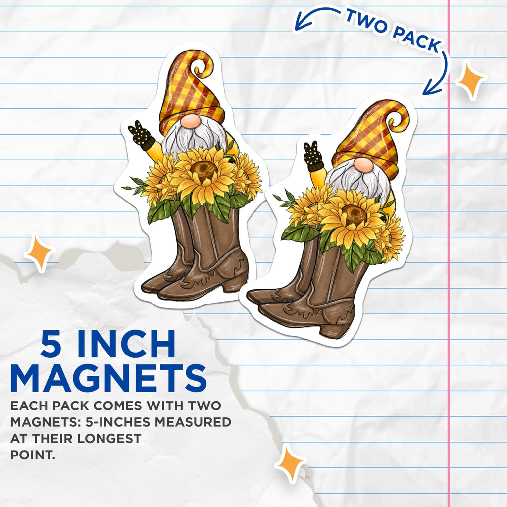 (2 Pack) Gnome Sunflowers Magnets - Cowboy Boots - Floral Country Decor Magnets - 5" On Longest Side - Premium Magnet - for Cars, Refrigerators, Toolboxes, Lockers - Made in USA - MAG14400