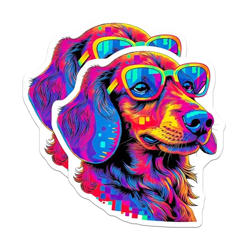 (2 Pack) Colorful Dachshund Dog Stickers - Cool Dog Shades - Vibrant Canine Art - 5" On Longest Side - Sticks to Smooth Flat Surfaces - Made in USA - BMCS7243