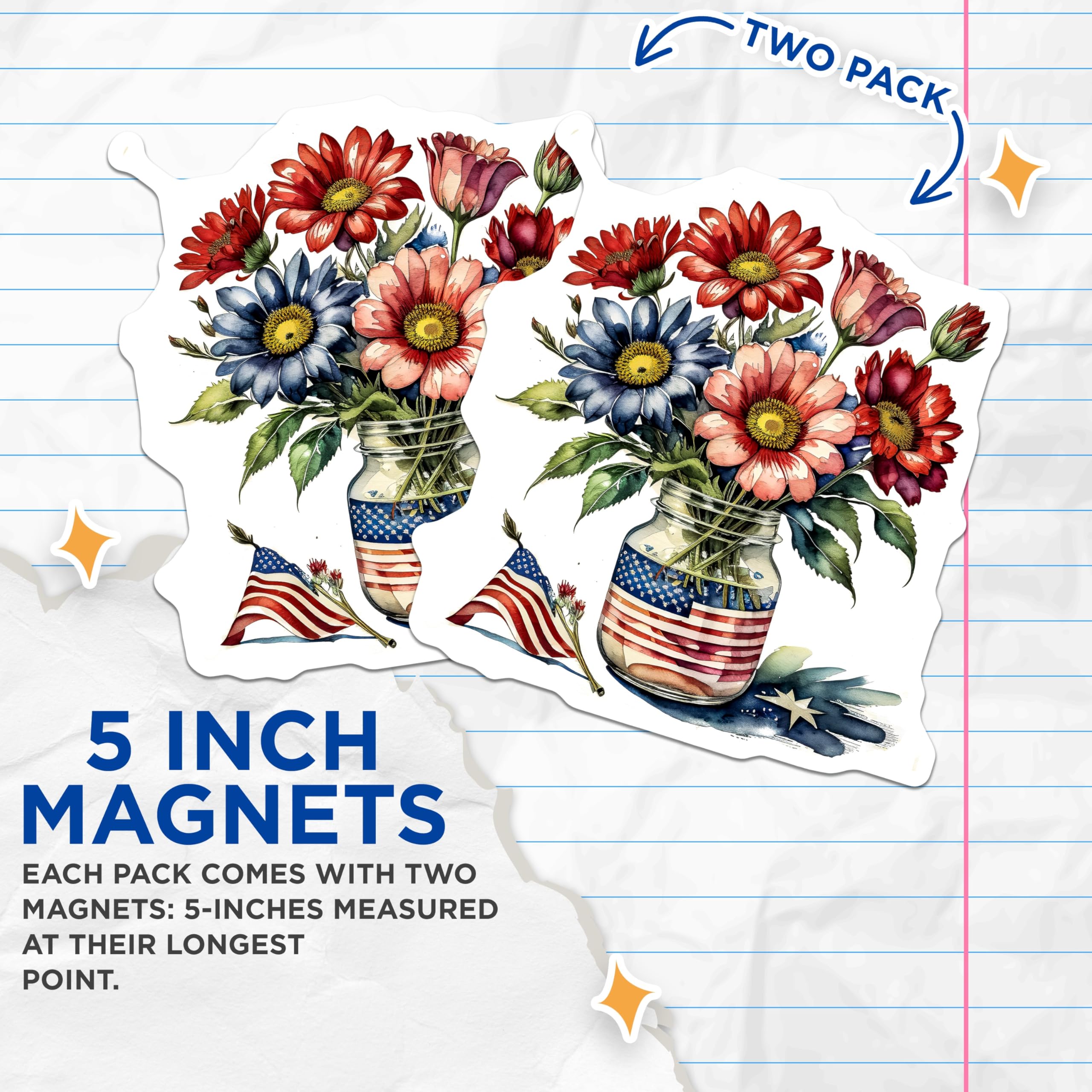 (2 Pack) Patriotic Flower Magnets - American Flag Vase - Floral Bouquet Decor - 5" On Longest Side - Premium Magnet - for Cars, Refrigerators, Toolboxes, Lockers - Made in USA - MAG14760
