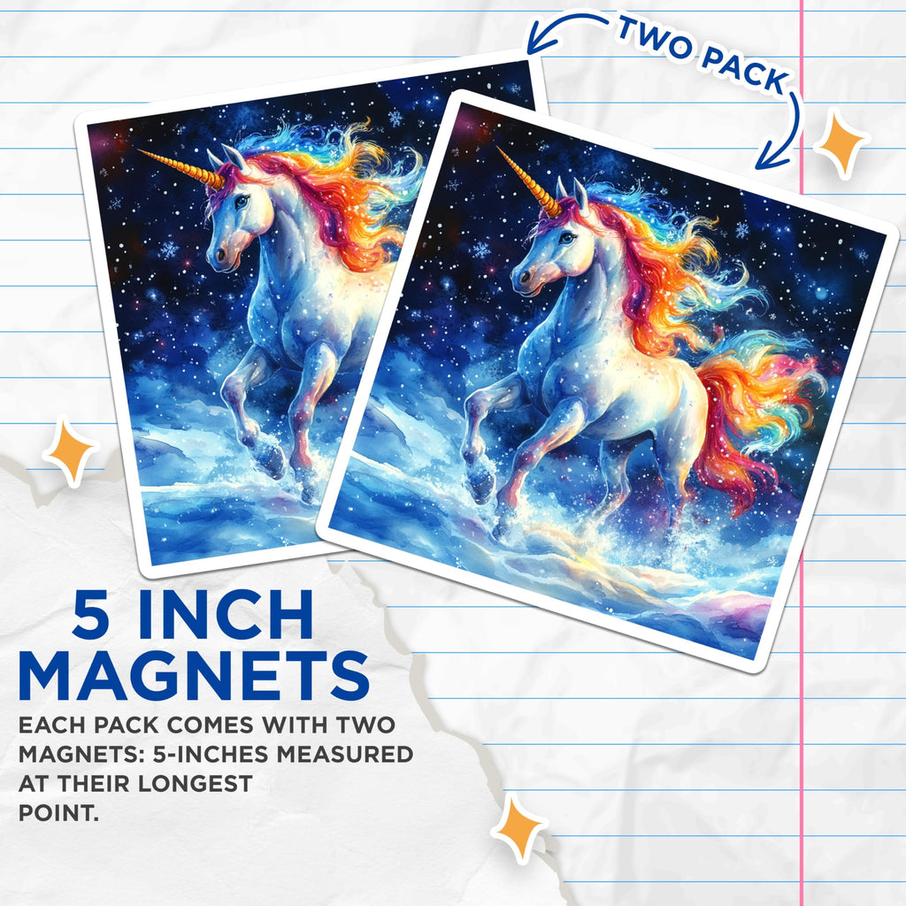 (2 Pack) Rainbow Unicorn Magnets - Fantasy Horse Decor - Winter Wonderland Creature Art - 5 Inches On Longest Side - Thick Durable Magnet - Made in USA - MAG26183