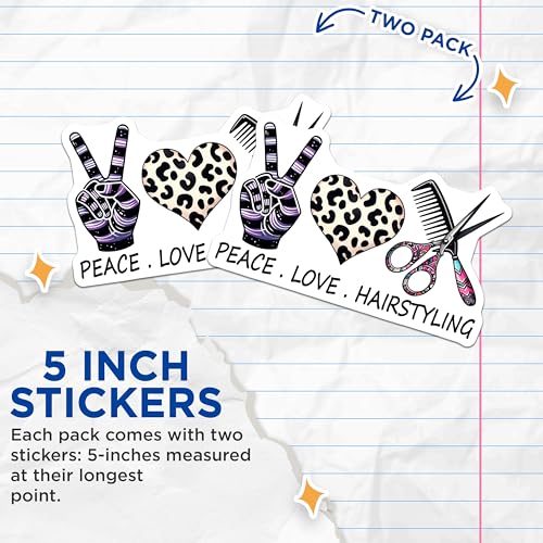 (2 Pack) Peace Love Hairstyling Stickers - Hair Stylist Gift - Hair Salon Accessories - 5" On Longest Side - Sticks to Smooth Flat Surfaces - Made in USA - BMCS7571