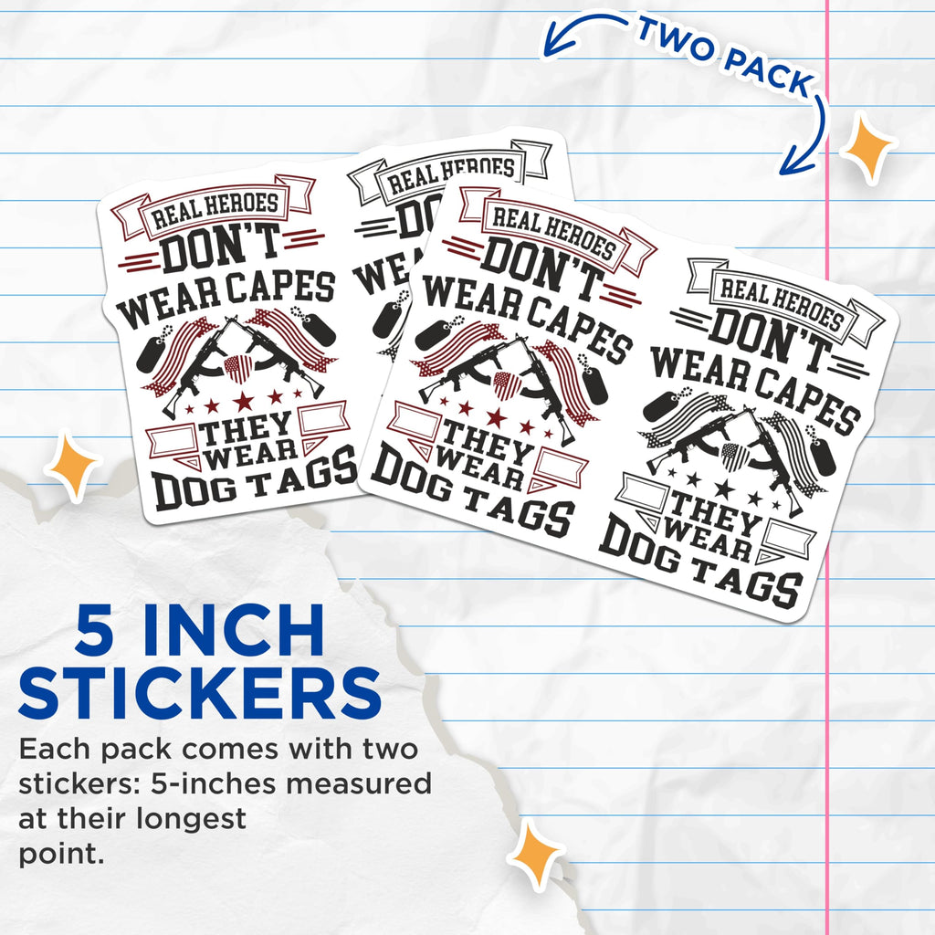 (2 Pack) Real Heroes Don't Wear Capes Stickers - Military Patriotic Decal - 5" On Longest Side - Sticks to Smooth Flat Surfaces - Made in USA - BMCS9167 - BMCS9167