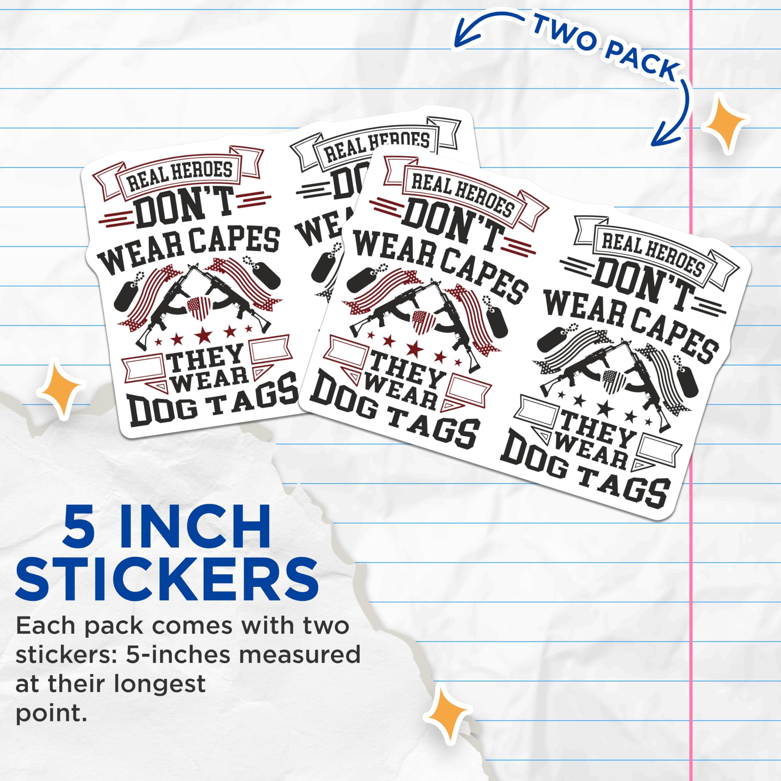 (2 Pack) Real Heroes Don't Wear Capes Stickers - Military Patriotic Decal - 5" On Longest Side - Sticks to Smooth Flat Surfaces - Made in USA - BMCS9167 - BMCS9167