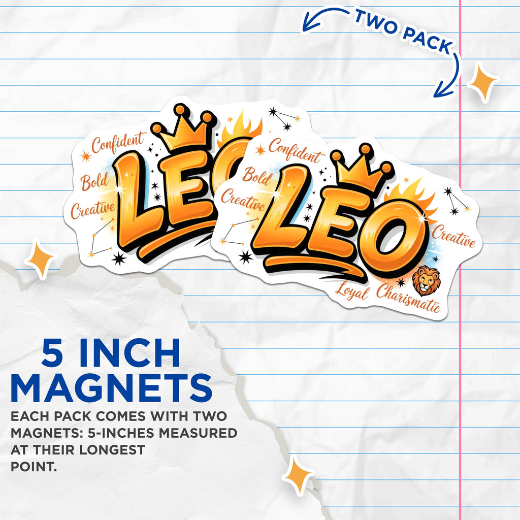 (2 Pack) Leo Zodiac Sign Magnets - Astrology Horoscope - Confident Bold Creative Lion Pride Decor - 5 Inches On Longest Side - Thick Durable Magnet - Made in USA - MAG36946