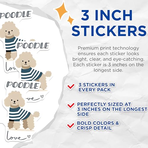 (3 Pack) Poodle Love Decals - Cute Dog Stickers - Laptop Decals - 3 Inches On Longest Side - Easy Peel & Apply - Made in USA - 3MCS6071