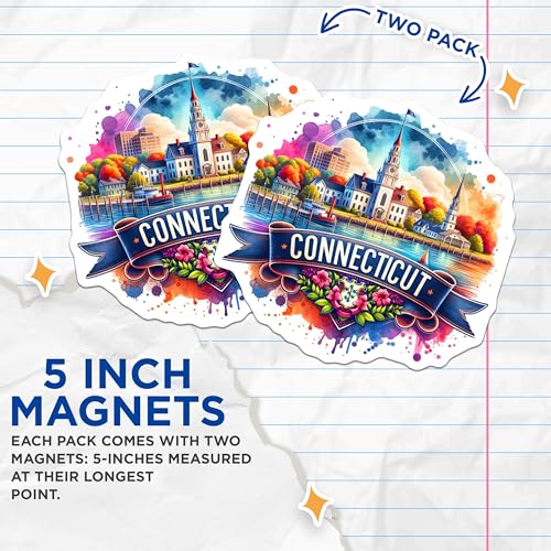 (2 Pack) Connecticut Magnets - State Souvenir - Colorful Magnet Art - Connecticut Travel Keepsake - 5" On Longest Side - for Cars, Fridges, Toolboxes - Made in USA - MAG6791