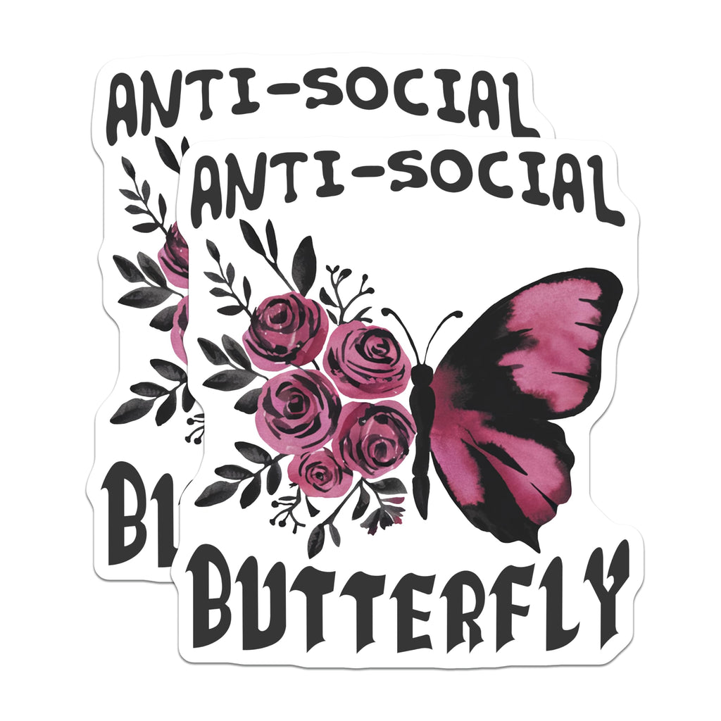 (2 Pack) Anti-Social Butterfly Magnets - Introvert Humor Decor - Pink Rose Floral Aesthetic - 5 Inches On Longest Side - Thick Durable Magnet - Made in USA - MAG19415