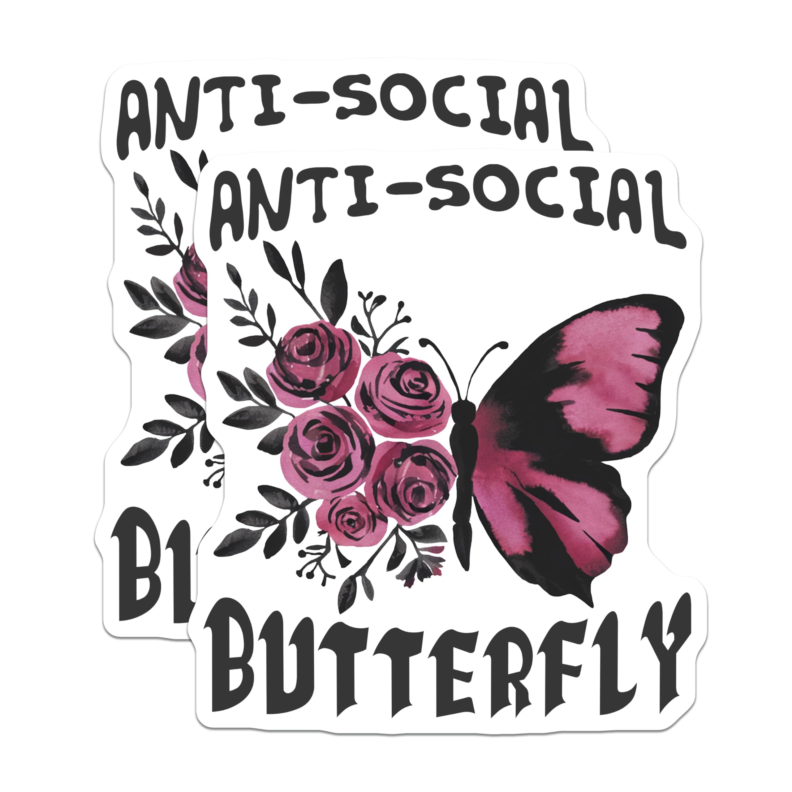 (2 Pack) Anti-Social Butterfly Magnets - Introvert Humor Decor - Pink Rose Floral Aesthetic - 5 Inches On Longest Side - Thick Durable Magnet - Made in USA - MAG19415