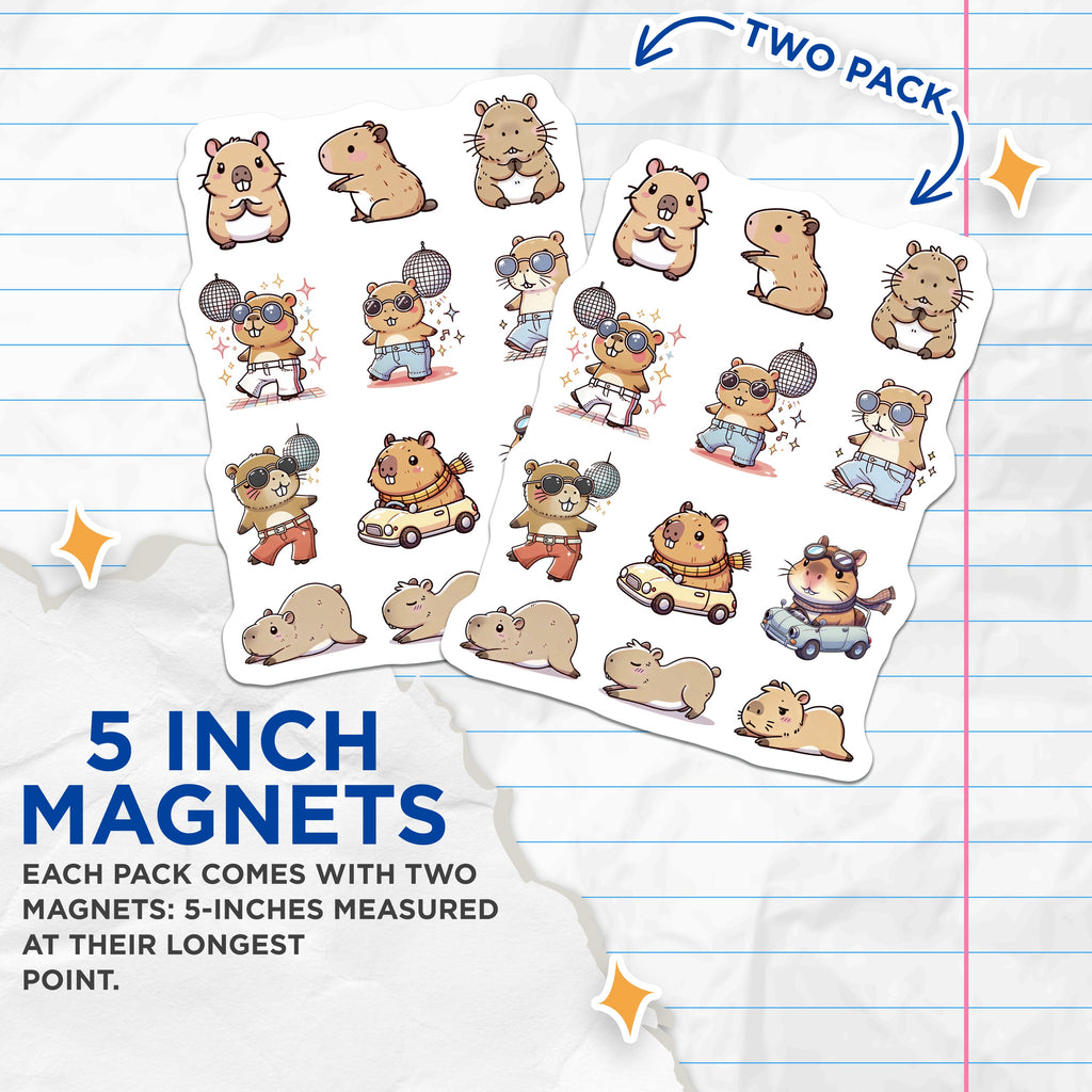 (2 Pack) Cute Capybara Magnets - Kawaii Animal Fridge Decor - Funny Disco Driving Meditation Car Magnets - 5 Inches On Longest Side - Thick Durable Magnet - Made in USA - MAG38252