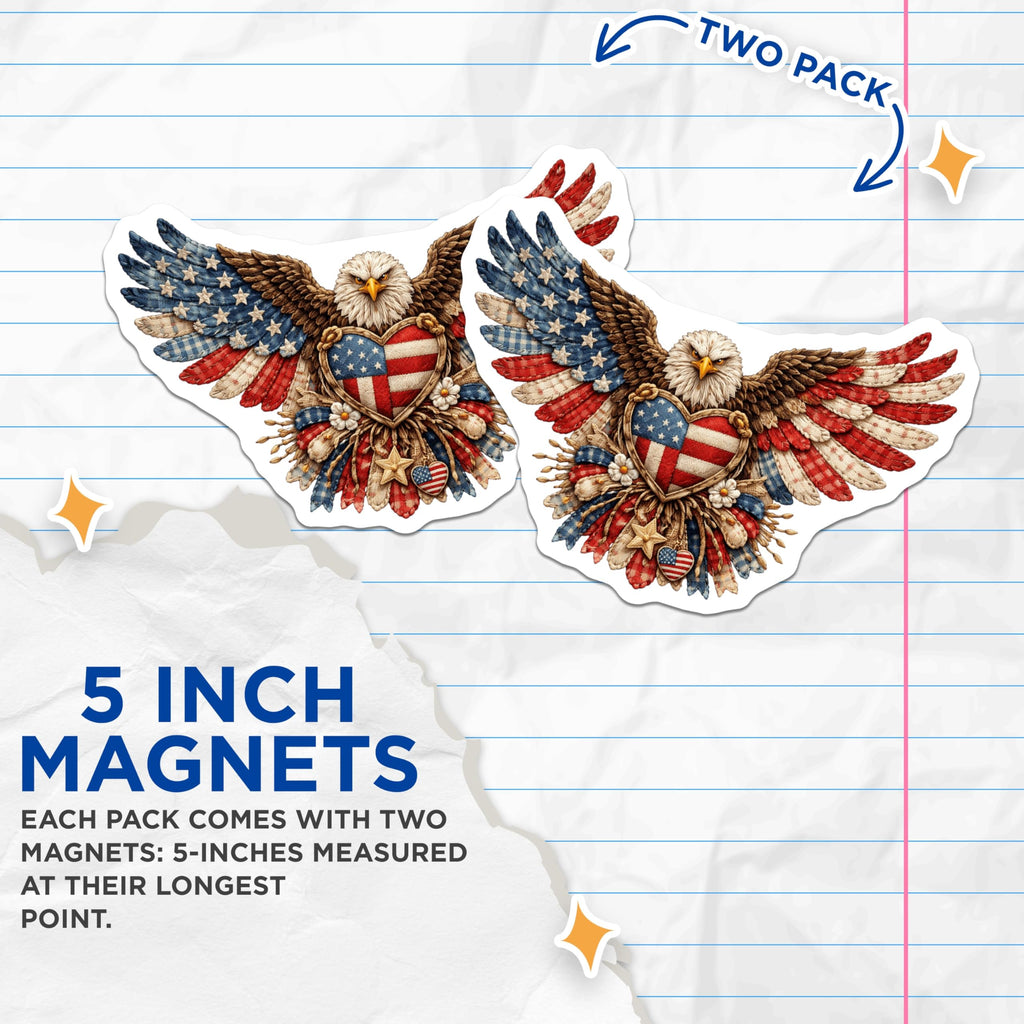 (2 Pack) American Bald Eagle Magnets - USA Flag Heart Patriotism - Independence Day National Bird Fridge Accessories - 5 Inches On Longest Side - Thick Durable Magnet - Made in USA - MAG23034