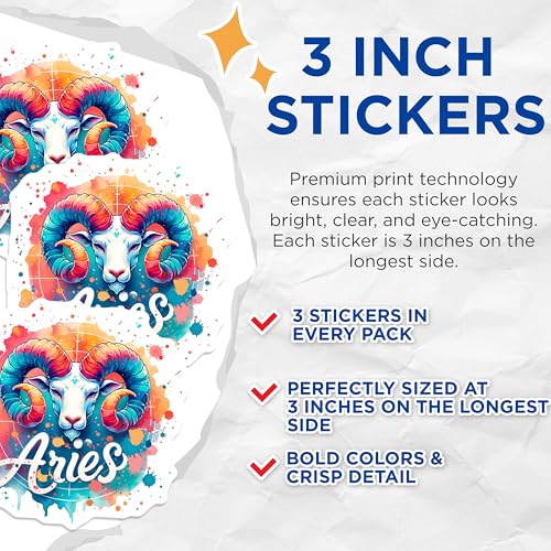 (3 Pack) Aries Zodiac Decals - Horoscope Astrology - Ram Symbol Stickers- 3 Inches On Longest Side - Easy Peel & Apply - Made in USA - 3MCS5989