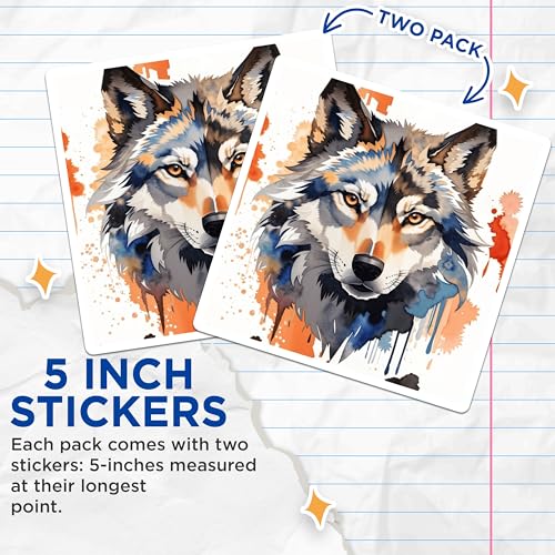 (2 Pack) Wolf Art Stickers - Wildlife Illustration Decal - 5" On Longest Side - Sticks to Smooth Flat Surfaces - Made in USA - BMCS8711 - BMCS8711