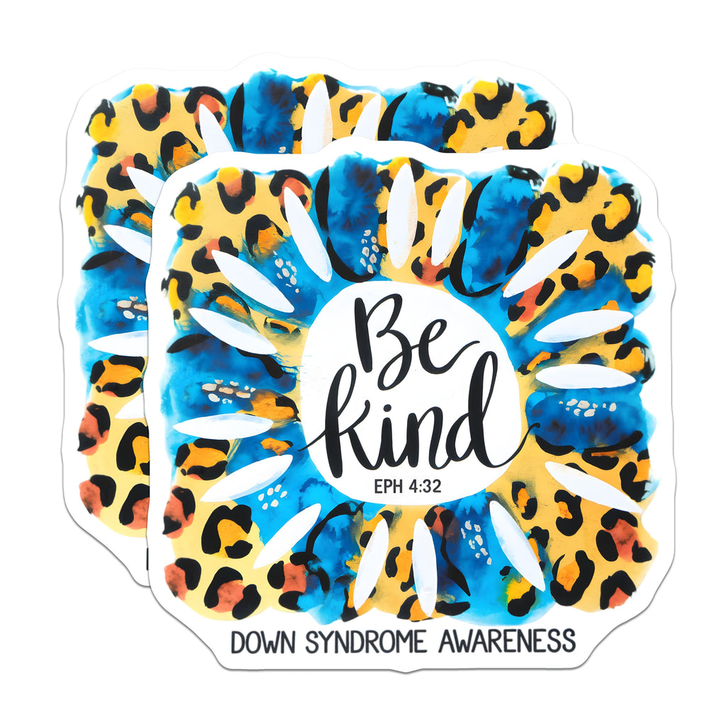 (2 Pack) Down Syndrome Awareness Magnets - Be Kind Eph 4:32 Christian Faith - Leopard Print Refrigerator Decor - 5 Inches On Longest Side - Thick Durable Magnet - Made in USA - MAG36563