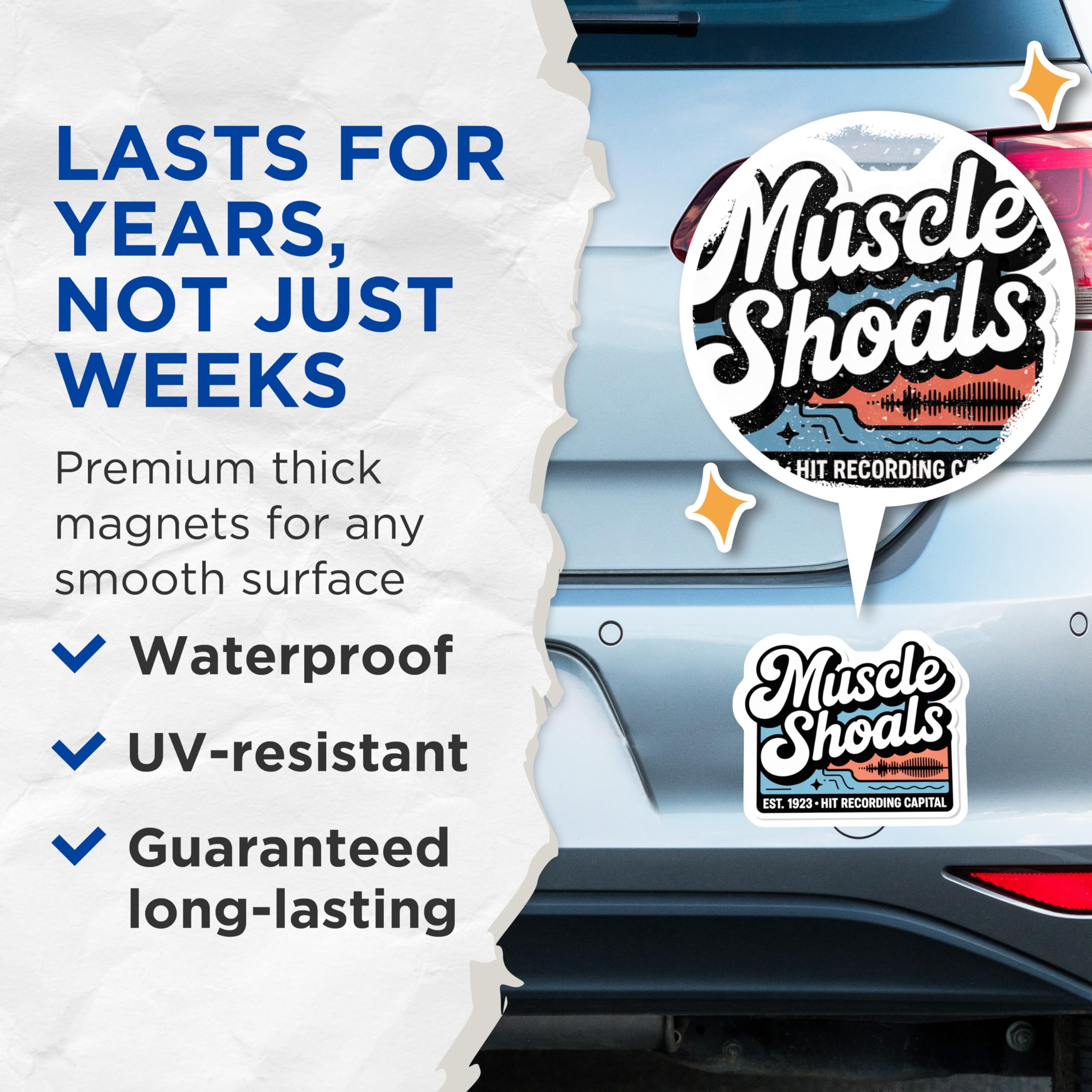 (2 Pack) Muscle Shoals Magnets - Hit Recording Capital Decor - Alabama Souvenir - 5" On Longest Side - Premium Magnet - for Cars, Refrigerators, Toolboxes, Lockers - Made in USA - MAG17872