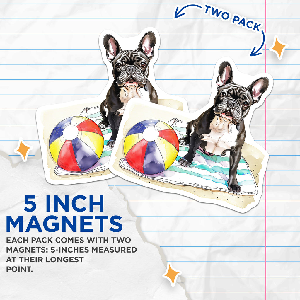 (2 Pack) French Bulldog Magnets - Summer Beach Dog Lover - Pet Parent Fridge Accessory Kitchen Art - 5 Inches On Longest Side - Thick Durable Magnet - Made in USA - MAG37100