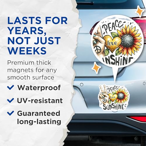 (2 Pack) Peace Love Sunshine Magnets - Sunflower Decor - 5" On Longest Side - for Cars, Fridges, Toolboxes - Made in USA - MAG7975