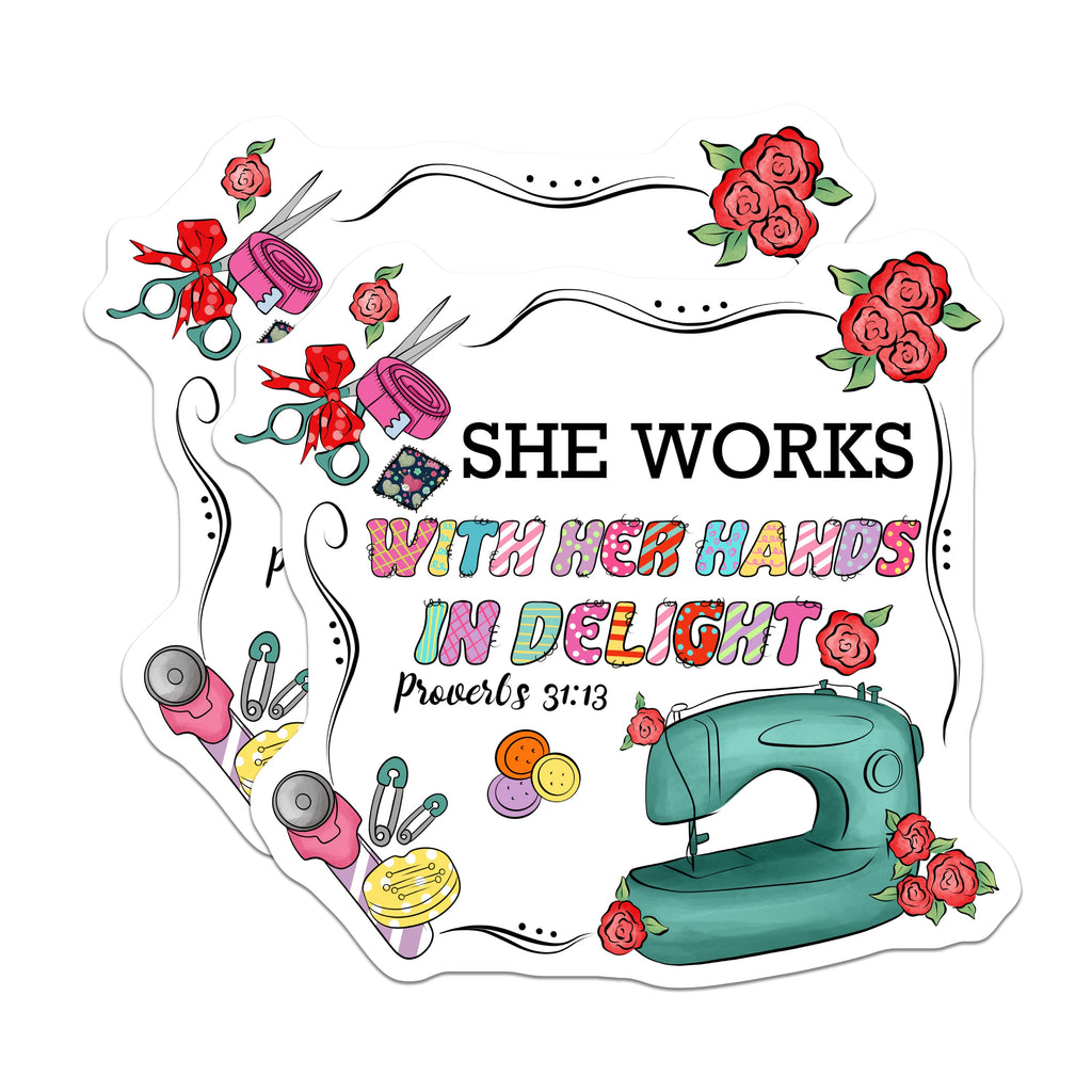 (2 Pack) She Works with Her Hands in Delight Magnets - Christian Sewing Inspiration - Craft Room Decor for Women of Faith - 5 Inches On Longest Side - Thick Durable Magnet - Made in USA - MAG38162