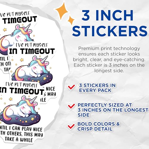 (3 Pack) Unicorn Timeout Decals - Funny Unicorn - Laptop Decals - 3 Inches On Longest Side - Easy Peel & Apply - Made in USA - 3MCS6561
