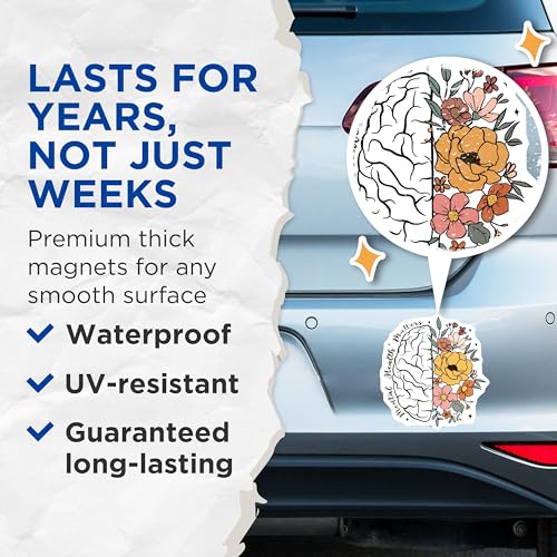 (2 Pack) Mental Health Matters Magnets - Brain and Flowers Design - Inspirational Mental Well-Being Magnet - 5" On Longest Side - for Cars, Fridges, Toolboxes - Made in USA - MAG6948