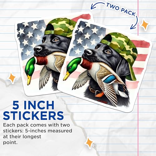 (2 Pack) Hunting Dog Stickers - American Flag Stickers - Labrador Retriever Decal - 5" On Longest Side - Sticks to Smooth Flat Surfaces - Made in USA - BMCS6036