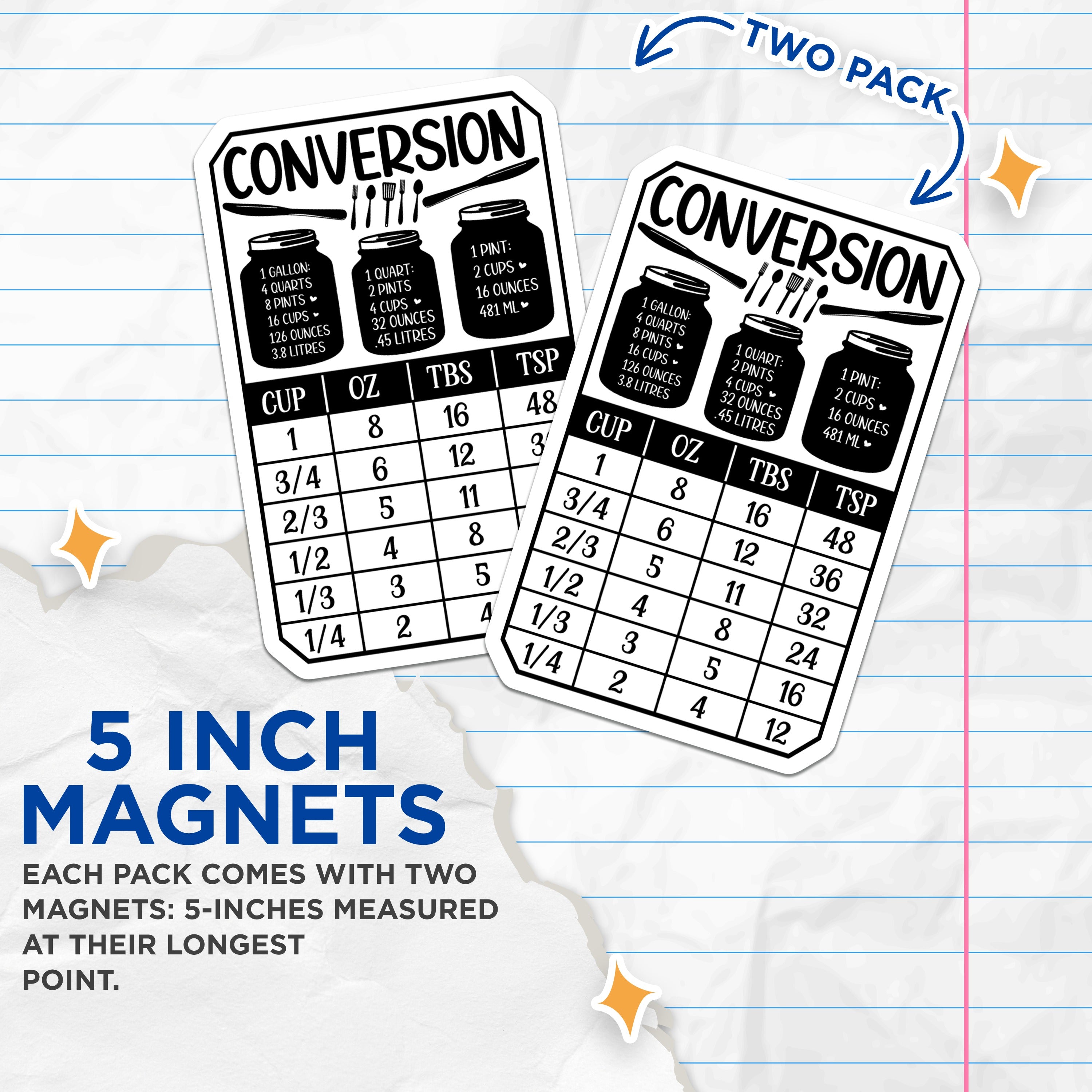 (2 Pack) Kitchen Conversion Chart Magnets - Cooking Measurement Guide - Baking Recipe Helper - 5 Inches On Longest Side - Thick Durable Magnet - Made in USA - MAG39912
