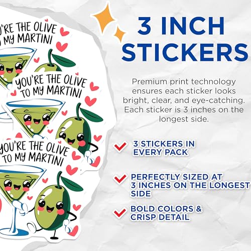 (3 Pack) Olive to My Martini Decals - Cute Martini Lover - Funny Food Puns - 3 Inches On Longest Side - Easy Peel & Apply - Made in USA - 3MCS4007