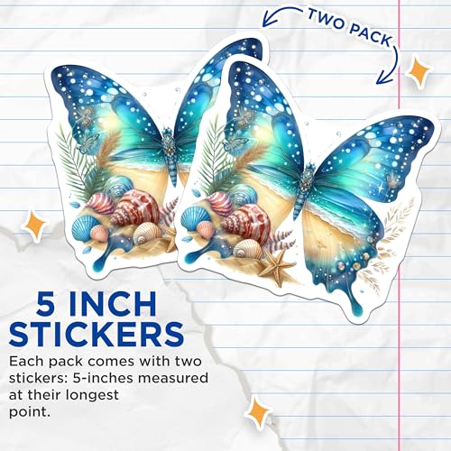 (2 Pack) Butterfly Stickers - Beach Theme - Ocean Nature Art - 5" On Longest Side - Sticks to Smooth Flat Surfaces - Made in USA - BMCS7221