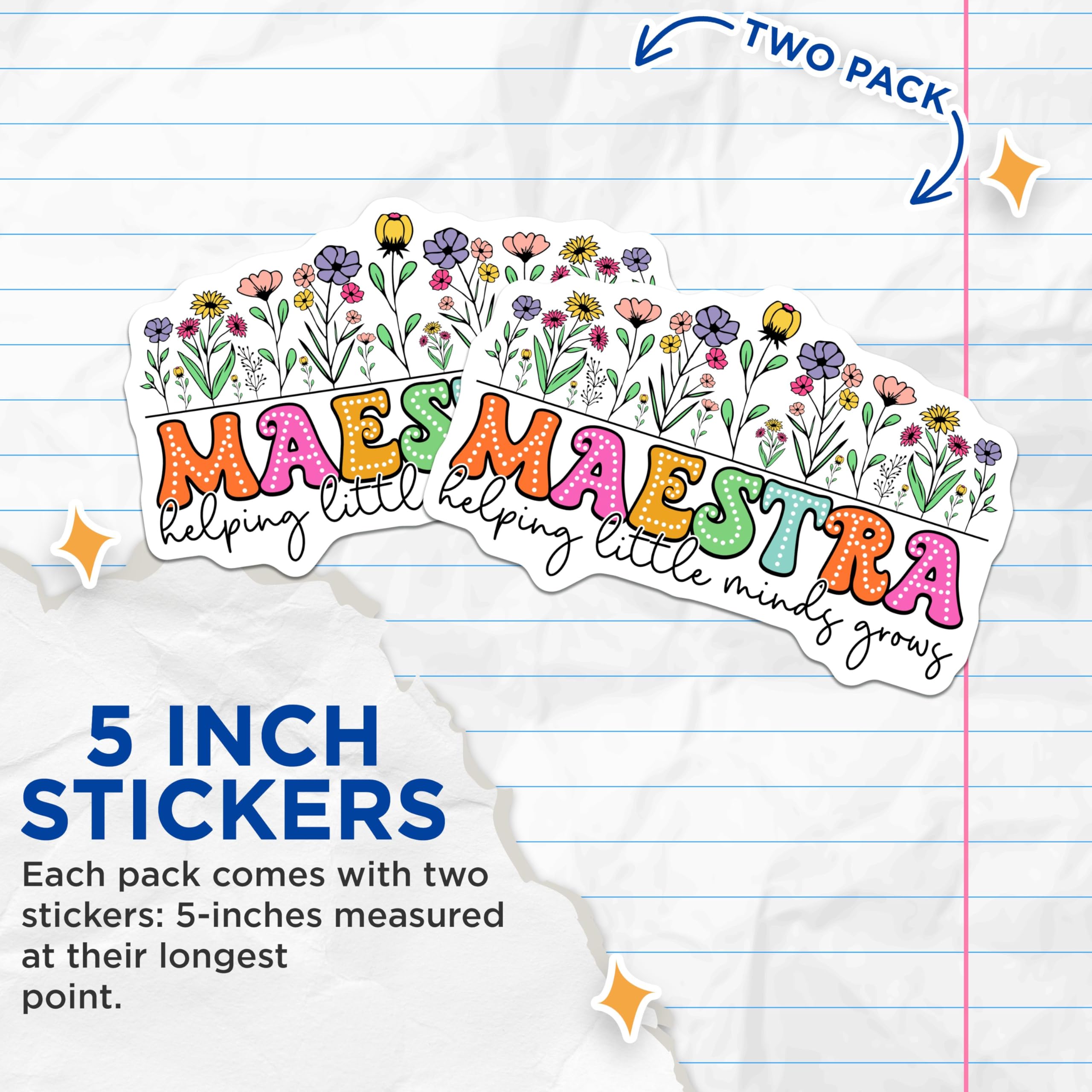 (2 Pack) Maestra Helping Little Minds Grow Stickers - Teacher Appreciation - Floral Design - 5" On Longest Side - Sticks to Smooth Flat Surfaces - Made in USA - BMCS9113