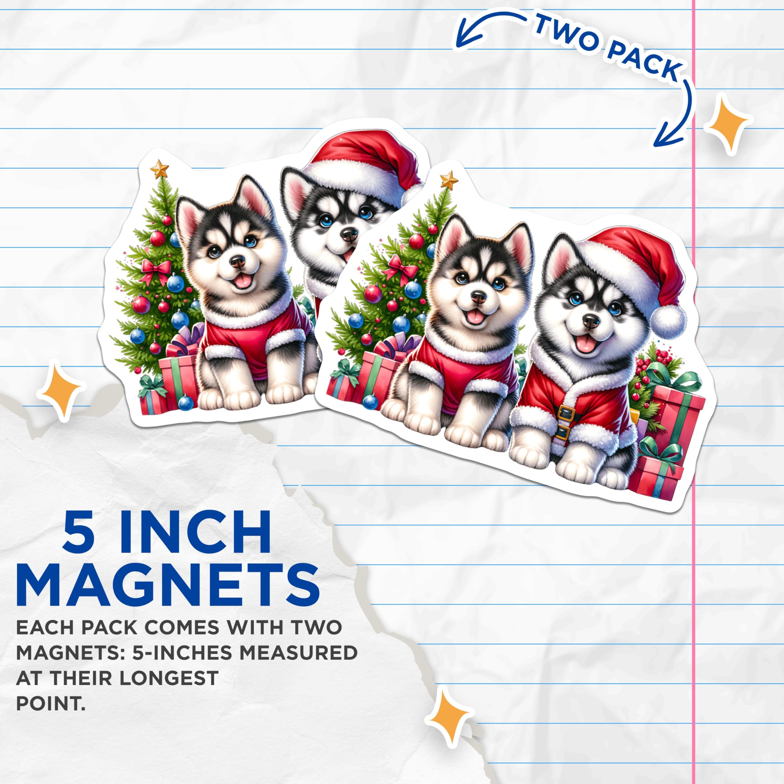 (2 Pack) Cute Husky Christmas Puppies Magnets - Winter Holiday Refrigerator Decor - Festive Animal Magnets for Home - 5 Inches On Longest Side - Thick Durable Magnet - Made in USA - MAG24487