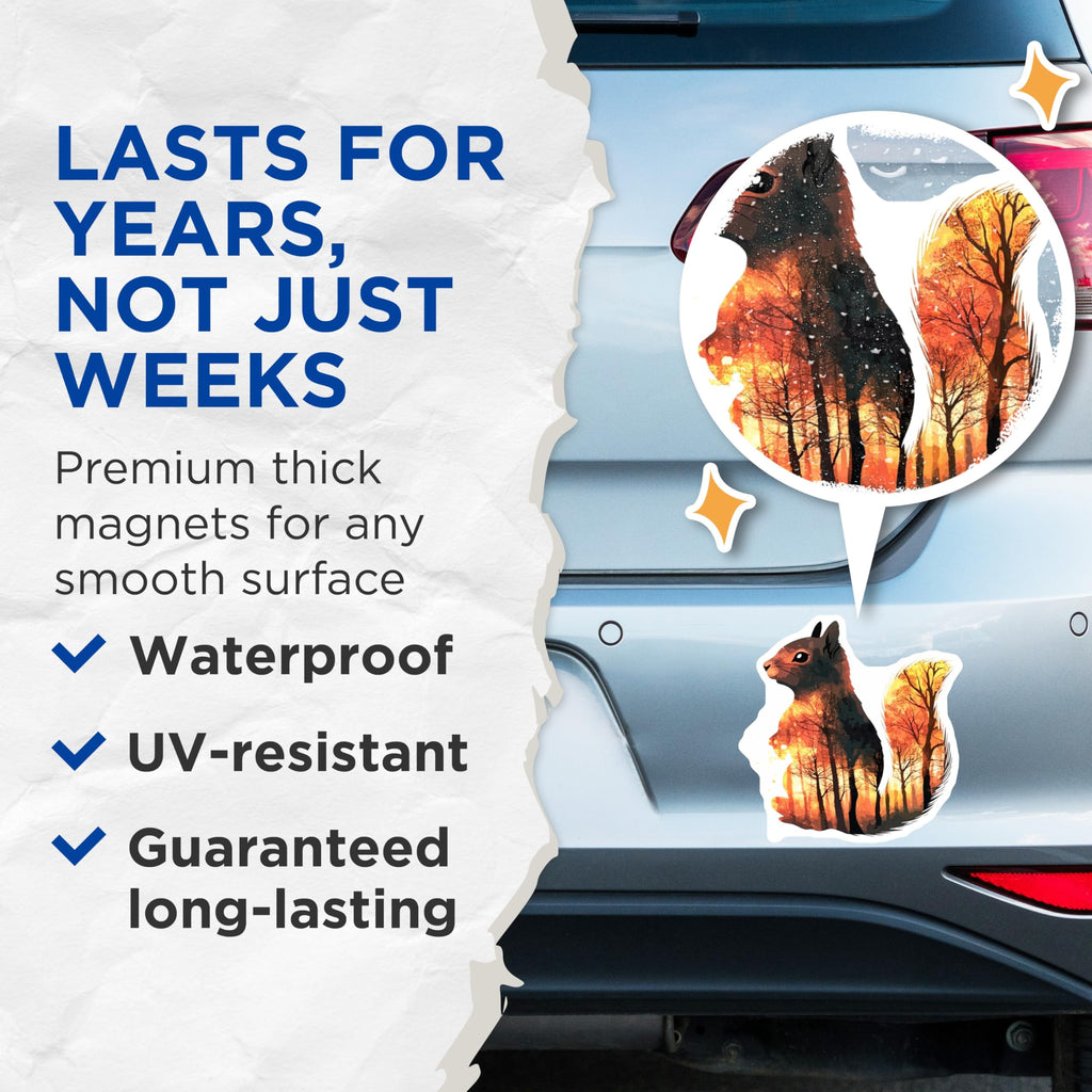 (2 Pack) Squirrel Magnets - Forest Silhouette Art - Autumn Decor Souvenir - 5" On Longest Side - Premium Magnet - for Cars, Refrigerators, Toolboxes, Lockers - Made in USA - MAG15852