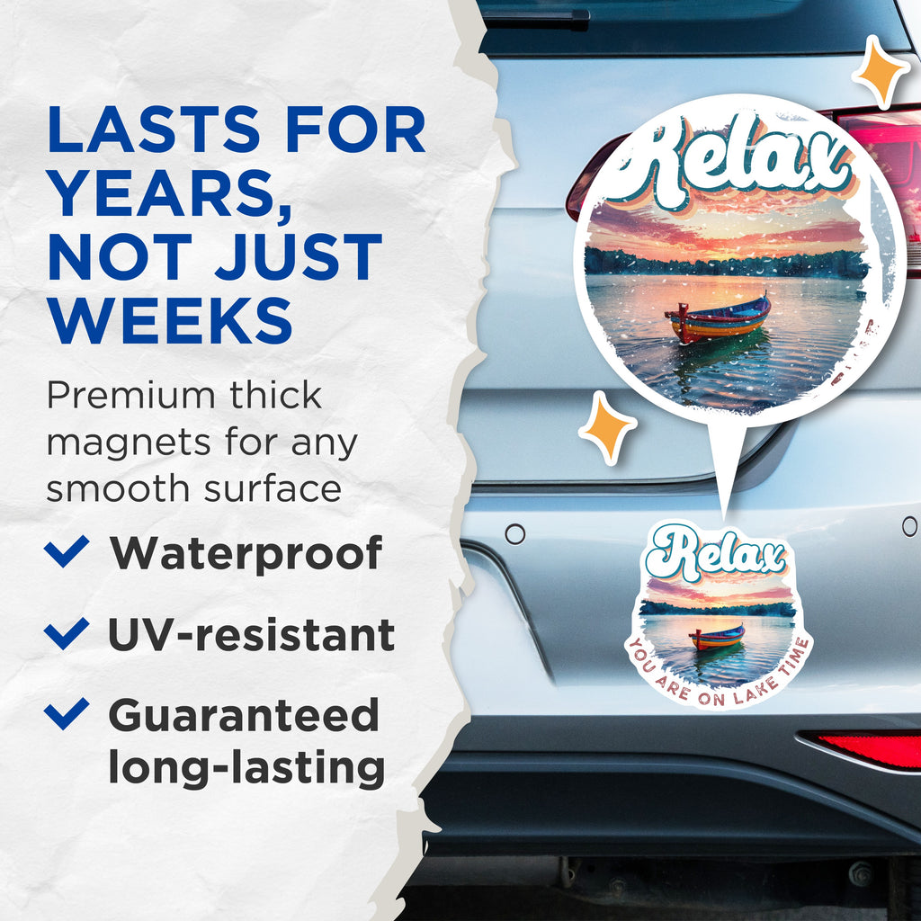 (2 Pack) Lake Time Magnets - Relaxing Sunset Boat Scene - Cabin Decor - Outdoor Lover Vacation Vibe - 5 Inches On Longest Side - Thick Durable Magnet - Made in USA - MAG36749