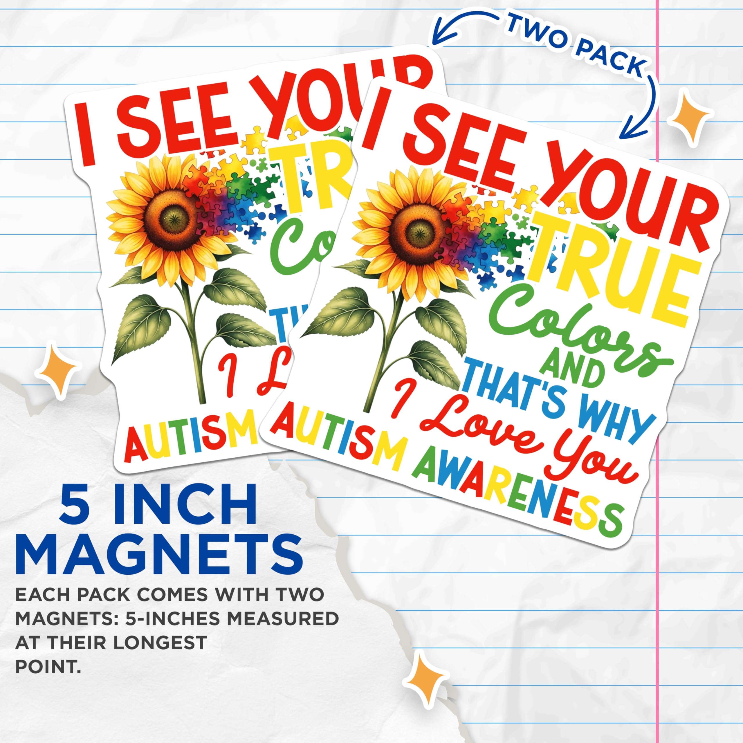 (2 Pack) Autism Awareness Magnets - Sunflower Puzzle Piece Design - Neurodiversity Acceptance Love - 5 Inches On Longest Side - Thick Durable Magnet - Made in USA - MAG22012